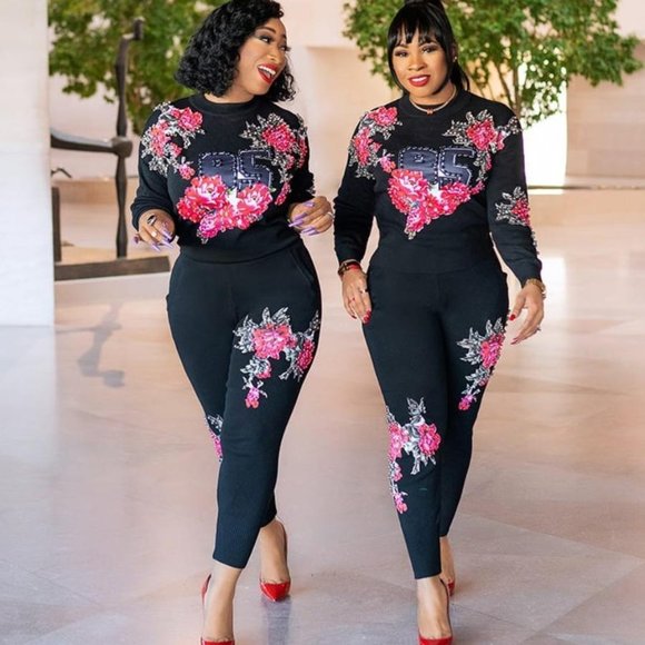 2 pcs Beaded Sweater Tracksuit Set